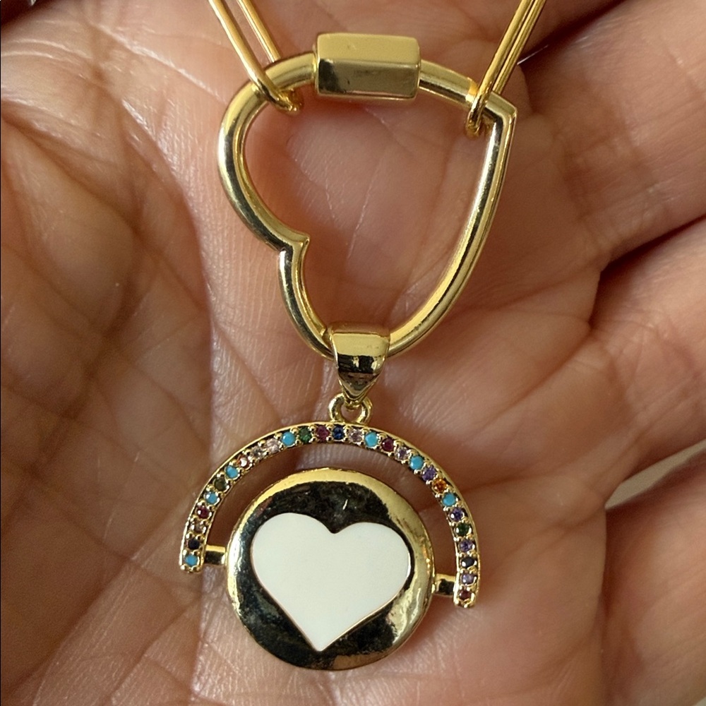 14K Gold-Plated Chain with Heart Pendant and Carabiner with Multicolor Crystals